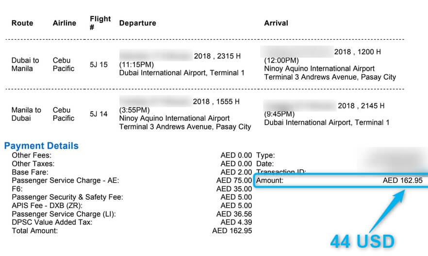 dubai to manila with Cebu Pacific for 44 USD