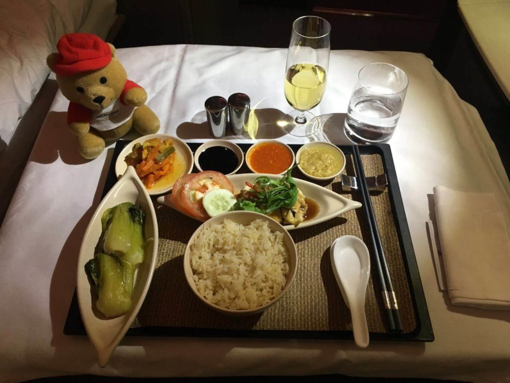 Singapore Airlines First Class suites chicken