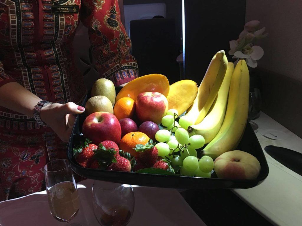 Singapore Airlines First Class suites Shanghai fruit basket